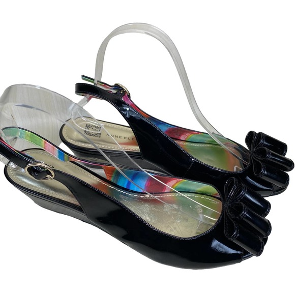 Anne Klein Shoes - Anne Kline iflex SZ 8.5M Slingback Bow Patent Leather Wedge Black Peep Open Toe